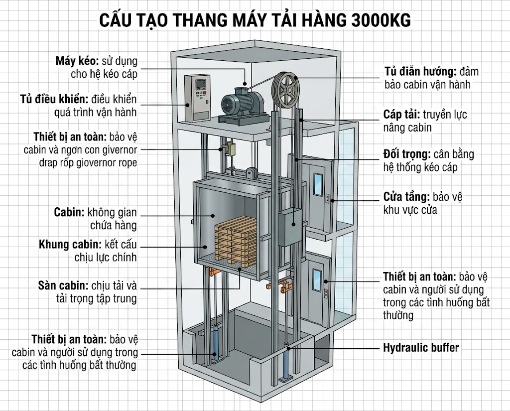 cấu tạo thang máy tải hàng 3000kg